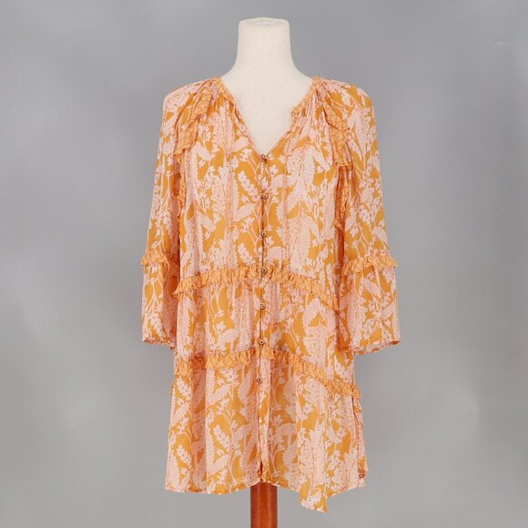 ANTHROPOLOGIE Mia Ruffle Printed Orange Tiered Tunic Blouse Oversized Size S - Picture 2 of 8